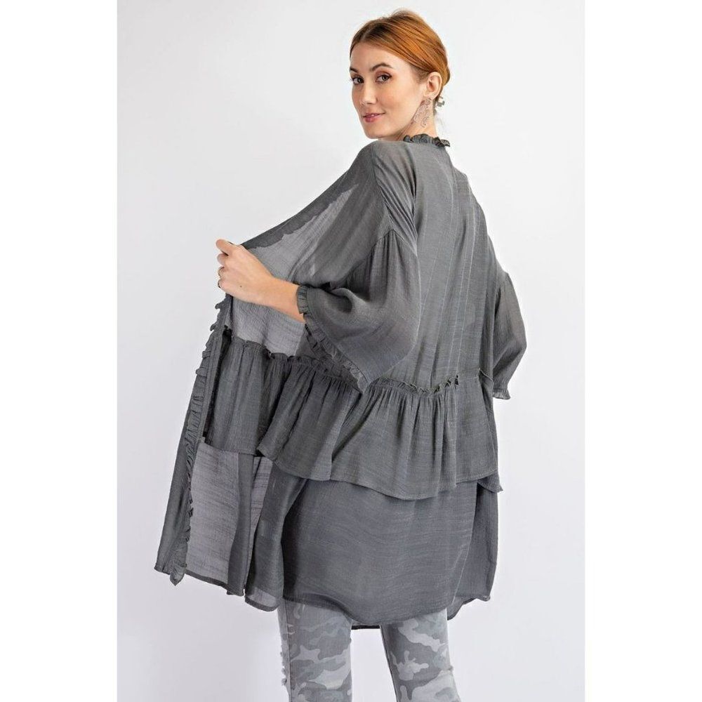 Easel Lightweight Half Sleeve Double Ruffled Open Long Cardigan Ash Grey ET3297